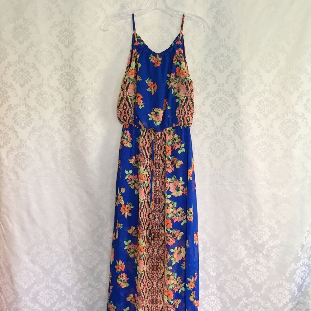 Blue Floral Tropical Halter Maxi Dress - Picture 2 of 7